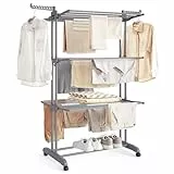 SONGMICS Wäscheständer, Standtrockner 4 Ebenen, Flügelwäscheständer, klappbare Flügel, mit Rollen, 63,5 x 128 x 173 cm, groß, einfacher Aufbau, Taubengrau LLR701G01