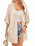 GRACE KARIN Damen Sommer Kurzarm Strickjacke Lange Elegant Lochmuster Cardigan Leichte Lockere Strandjacke Badeanzug Cover-Ups Aprikose L