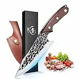DRAGON RIOT Kochmesser Japanisch Wikinger Messer Handgeschmiedet Chefmesser Profi Küchenmesser Scharf Grillmesser Outdoor Messer mit Scheide für Küche Camping Grill BBQ