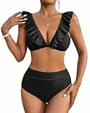 AI'MAGE Damen Bikini Set mit Rüschen und Hoher Taille Sexy Zweiteiliger Badeanzug Bauchweg Schwarz L
