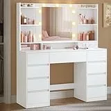 VASAGLE Kailyn Kollektion - Schminktisch mit Spiegel und LED-Leuchten, Steckdosenleiste, 9 Schubladen, 9 dimmbare Glühbirnen, 3 Lichtfarben, werkzeuglose Gleitschienen, wolkenweiß RDT141WB02