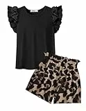 Arshiner Mädchen Sommer Kleidung Set Festliches Bekleidungssets Kinder Outfit Schwarz T-Shirt Leopard Print Shorts Zweiteiler Mode Mädchenkleidung mit Tasche 9-10 Jahre
