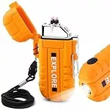 LcFun Feuerzeug Elektrisch Elektro Feuerzeug Winddicht Lichtbogen Feuerzeuge USB Aufladbar, Outdoor Feuerzeuge mit Taschenlampe für Camping, Wandern, Vatertagsgeschenke für Männer Papa (Orange)