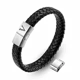 AFSTALR Lederarmband Armband Herren Leder Schwarz mit Gravur V Buchstaben Armbänder Magnetverschluss Personalisiert Herrenarmband Bracelet Schmuck Geschenke für Männer