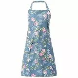 DILLMAN Schürzen für Frauen mit Taschen, Baumwollleinen, Kochen, Küche, Backen, weich, langlebig, Blumenschürze für Gartenarbeit, Blau, Full Length, Adjustable Strap