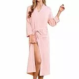 HEARTNICE Damen Bademantel 100% Baumwolle lang leicht weich hautfreundlich saugfähig atmungsaktiv mit Tasche Kimono Kragen Spa (Rosa, M)