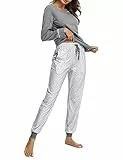 Litherday Schlafanzug Damen Lang Pyjama Baumwolle Nachtwäsche Winter Pyjama Set mit Sternenmuster Zweiteiliger mit Rundhals Sleepwear