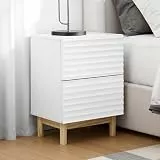 Hometopia Nachttisch Weiß Holz mit 2 Schubladen, Moderner Nachtschrank mit geriffelter Front und Kiefernholzfüßen, Bedside Table & Nightstand für Schlafzimmer, 40 × 30 × 55 cm