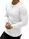 Muscle Cmdr Muscle Henley Shirt Herren Langarm, Slim-fit Langarmshirt, Freizeit T-Shirt aus Baumwolle mit Langen Ärmeln,Schlanke Passform Geripptes Hemd Weiß/XL