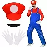 Aomig Kostüm, 4 Stück Cosplay mit Mütze Hose Bart Handschuhe, Kostüm Set Männer Damen, Erwachsene Outfit Kostüm für Weihnachten Karneval Faschingskostüme (Rot,L)
