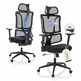 MyBuero Bürostuhl ERGOMY ergonomischer Drehstuhl & Computerstuhl mit Lordosenstütze, Kopfstütze, Armlehnen, Netz-Rückenlehne, Stoff Schwarz