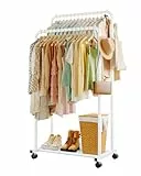 Sakugi Kleiderständer - Doppelstangen Kleiderständer mit Netzablage, Haken & Rollen, Metall Kleiderständer zum Aufhängen von Kleidung & Taschen, Multifunktionaler Kleiderständer für Wäsche, Wohnzimmer