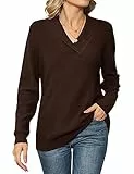 IECCP Pullover Damen Langarmshirts Basic Strickpullover Damen Langarm Oberteile Damen Sweatshirt V-Ausschnitt Pulli Braun XXL