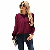 Kate Kasin Bluse Damen Elegant Langarm Rundhals Plissee Tops Chiffon Laternenärmel Festliche Blusen Shirt Hemden Wein L