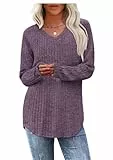 WIHOLL Pullover Damen Tunika Oberteile Top V-Ausschnitt Langarmshirt Weich Herbst Winter Casual Curved Saum Leichte Longshirt Damen Violett XL