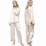 Ladieshow Satin Schlafanzüge für Damen, Lang Nachtwäsche Seidig mit Knopfleiste, Seide Langarm Damen Pyjama Set Schlafanzughose und Schlafanzugoberteile (Champagner, S)
