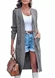 Imily Bela Strickjacke Damen Lang Zopfmuster Open Front Cardigan Langarm Herbst Winter Strickcardigan mit Taschen(Grau,L)