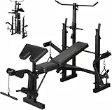 Verstellbares Hantelbank Set, Multifunktionale Trainingsbank mit Bankdrückgestell, Beinstrecker, Beinbeuger, Squat-Rack und Preacher Curl, Klappbare Trainingsbank für das Heim-Fitnessstudio