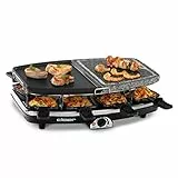 Cloer 6435 Raclette mit Naturstein, 1200 W, 8 antihaftbeschichtete Raclettepfännchen, Geteilte Platte