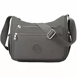 FAVORTALK Umhängetasche Damen Handtasche Mittelgroß Nylon Crossbody Bag mit Vielen Fächern Leicht Schultertasche Wasserdicht Verstellbarer Messenger Bag für Einkaufen Reisen Schule B44005 Grau