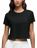 CRZ YOGA Damen Kurzarm Sport Tshirt Loose Baumwolle Fitness Crop Top Sommer Gym Workout Cropped Oberteile Schwarz 40