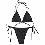 TSWRK Damen Triangel Bikini Set, Neckholder, Seitlich Gebunden, Push up Gepolstert, Einfarbig, Zweiteiliger Badeanzug Bademode, Schwarz, Größe L