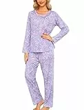 ENJOYNIGHT Schlafanzug Damen Lang Pyjama Set Baumwolle Langarm Nachtwäsche Zweiteiliger Hausanzug mit Taschen (Large,Lila)