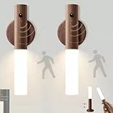 VOMI Akku Wandleuchte Bewegungsmelder Innen Holz 2 Stück LED Kabellos Wandlampe Warmweiß Nachtlicht Batterie USB Aufladung Lampe ohne Stromanschluss Wand für Treppe Flur Küche Treppenhaus
