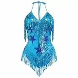 IBAKOM Rave Outfits Damen Sexy Music Festival Outfit Sexy Pailletten Fransen Bodysuit Glitzerndes Kleid Club Party Nachtclub Kostüm Für Festival Tanz Clubwear Party Slim Fit Cosplay Kostüm blau L