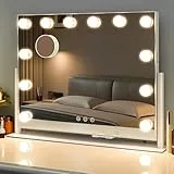 LuxeVue Schminkspiegel mit Beleuchtung, beleuchteter Kosmetikspiegel, 56x43cm Hollywood-Spiegel mit 3 Lichtmodi, Abnehmbarer 10x Rundspiegel, 360° drehbar, Metallrahmen,Touch-Design, Netzbetrieb