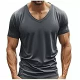 UHouse Tshirt Herren Sommer Muskelshirt Kurzarm Männer Gym T-Shirt V-Ausschnitt Sport Herren-T-Shirt Lässig Longshirt Leichte Sportshirt Einfarbig Baumwolle Shirt Große Größen Deals Dunkelgrau XL