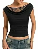 Kate Kasin Damen Bluse Y2K Sommer Spitzen Oberteil Drapiert Wasserfallausschnitt Shirt Ärmellose Sexy Party Top Schwarz M