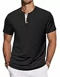 TARAINYA Henley T-Shirts Herren Baumwolle Shirt Kurzarm Einfarbig Basic Tee Männer Sommer mit Tasche Schwarz 3XL