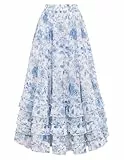 SCARLET DARKNESS Damen Maxi Röcke Blumen Chiffon Viktorianisches Elastisch Hohe Taille Fließend Rüsche Langer Rock mit Taschen Blaue Blumen L