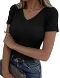 Totatuit Damen T-Shirt Kurzarm Geripptes Sommer Oberteile V Ausschnitt Pullover Stretch T-Shirt Tops Casual Slim Fit Schwarz L
