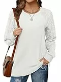 Cuptacc Pullover für Damen Elegant Basic Langarmshirt Damen Rundhals Herbst Winter Mode Tops Weiß Groß L 42-44