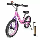 I BUY IT 16 Zoll Laufrad ab 4 5 6 7 Jahre Jungen Mädchen, Verstellbares Kinder Laufräder mit Bremse & Ständer, Kinderlaufrad ohne Pedale mit Luftreifen & Fußstütze (Rosa & Lila, 16 Zoll)