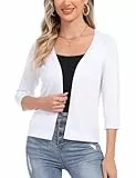 Sykooria Boleros für Damen 3/4 Ärmel Strickjacke Kurz Leicht Cardigan Elegant Bolero Jäckchen Festlich Open Front V Ausschnitt Bolerojacke, Weiß XL