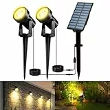 T-SUNUS Solarstrahler für Außen, Gartenstrahler Solar Warmweiß, Auto ON/OFF, IP65 Wasserdicht, Solarlampen für Außen Garten 2 Helligkeitsmodi 3 Meter Kabe für Garten Hof Gehweg