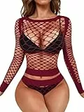 RSLOVE Dessous-Sets Nachtwäsche Fischnetz Lingerie - Damen Sexy Bodys Langarm Oufits für Frauen Bordeaux Einheitsgröße
