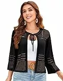 GRACE KARIN Damen Elegante Kurze Strickjacke Mit Schnürung Am Ausschnitt 3/4 Ärmel Sommer Bolero Schwarz M