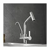 Pure Water Kitchen C-Rohr-Mischbatterie for heißes und kaltes Wasser, 360° drehbar, Dreizweck-Geschirrspülbecken, Waschbecken, Doppelgriff, Messing-Wasserhahn