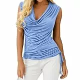 Imily Bela Damen Tank Top Tiefer V-Ausschnitt Tops Wasserfall Ärmellos T-Shirts Sommer Falten Oberteil mit Kordelzug(Hellblau, M)