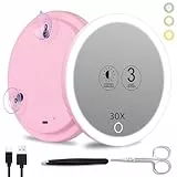 30x Vergrößerungsspiegel mit Licht, großer 15cm 3 Farben dimmender beleuchteter 30x Vergrößerungsspiegel mit 3 Saugnäpfen, Reiselupenspiegel hohe Vergrößerung Makeup Spiegel mit Pinzette Schere