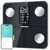 Healthkeep Waage Personen mit Körperfett und Muskelmasse - Körperfettwaage mit Display Personenwaage mit 15 Körperdaten Messwerten(Herzfrequenz, BMI), Digital Testsieger mit APP für iOS und Android