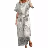 AACH Damen Boho 2-teiliges Sommer Vintage Leinenanzug Bohemian Print Kurzarm T-Shirt Hose Zweiteiler Aesthetic Y2K Streetwear Große Größe Weite Freizeitanzug Modische Casual Lounge Set