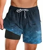 APTRO Herren Badeshorts Badehose mit Innenhose Schnelltrocknend Boardshorts mit Reißverschlusstaschen Sport Shorts Farbverlauf Blau MK386 XXL