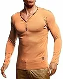 Leif Nelson Herren Longsleeve V-Ausschnitt Slim Fit Baumwolle-Anteil Basic Männer Sweatshirt Pulli weißes Langarmshirt V-Neck Pullover T-Shirt Langarm LN1470 Camel X-Large