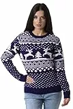 Damen Weihnachten Jumper Lange Ärmel Knit Rundhals Crew Christmas Xmas Sweater (Navy, XXL)