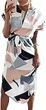 Canli4Y Damen Sommerkleid Strand Blumen Kleider Kurzarm V-Ausschnitt Strandkleid mit Blumenmuster Abendkleid Knielang